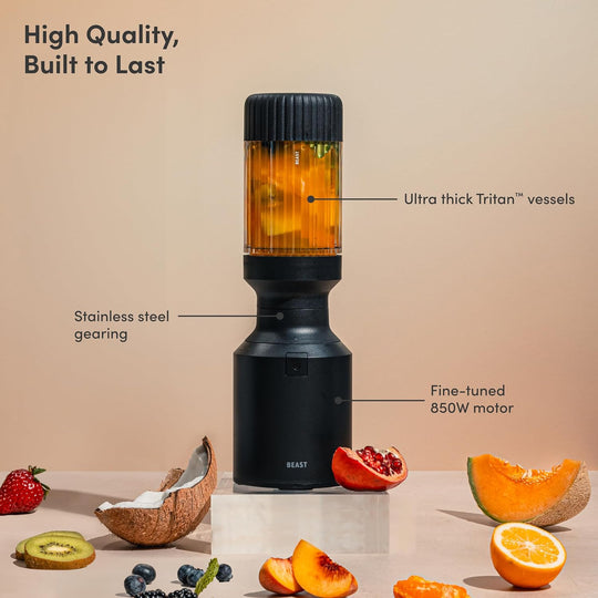 Beast Mighty 850 Plus | Premium Compact Personal Blender | Smoothies, Shakes, Dressings, Sauces | Blends Ice and Frozen Fruit | New XL Vessel | Extra Vessels, Lids and Straws | 850W (Carbon Black)