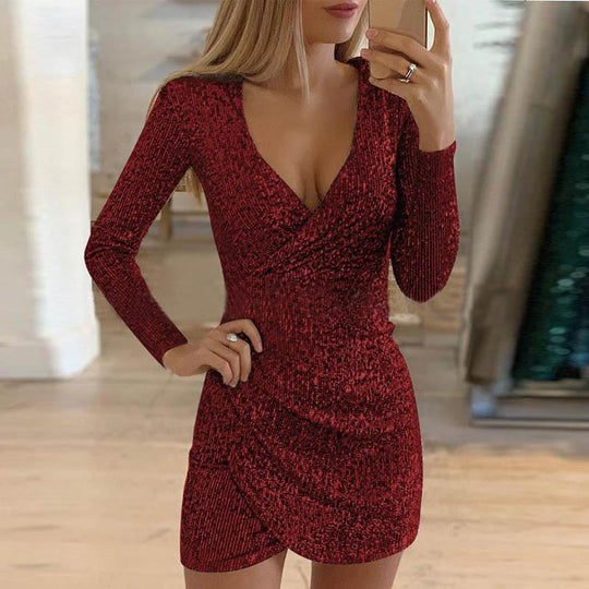 "Elegant V-Neck Sequin Mini Dress – Sexy Tight Fit Party Dress, Glamour for Women"