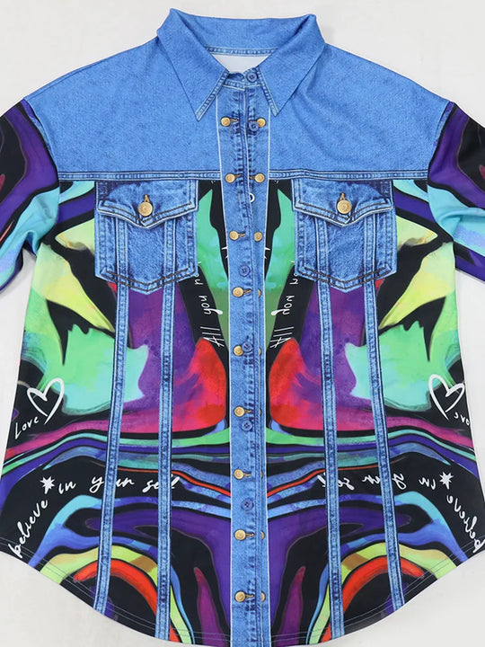 Beyprern Lux Denim Effect Set Women's Print Long Sleeve Colorful Blouse Top And Skirt Set Two-Piece Dress Outfits Night Clubwear