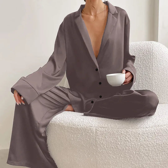 Women's Home Silk Pure Color Pajamas - # WOAA21710002-PRG