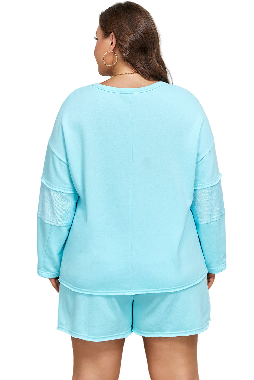 Aruba Blue Plus Size Solid Color Splicing Raw Hem Pullover Top Shorts Set