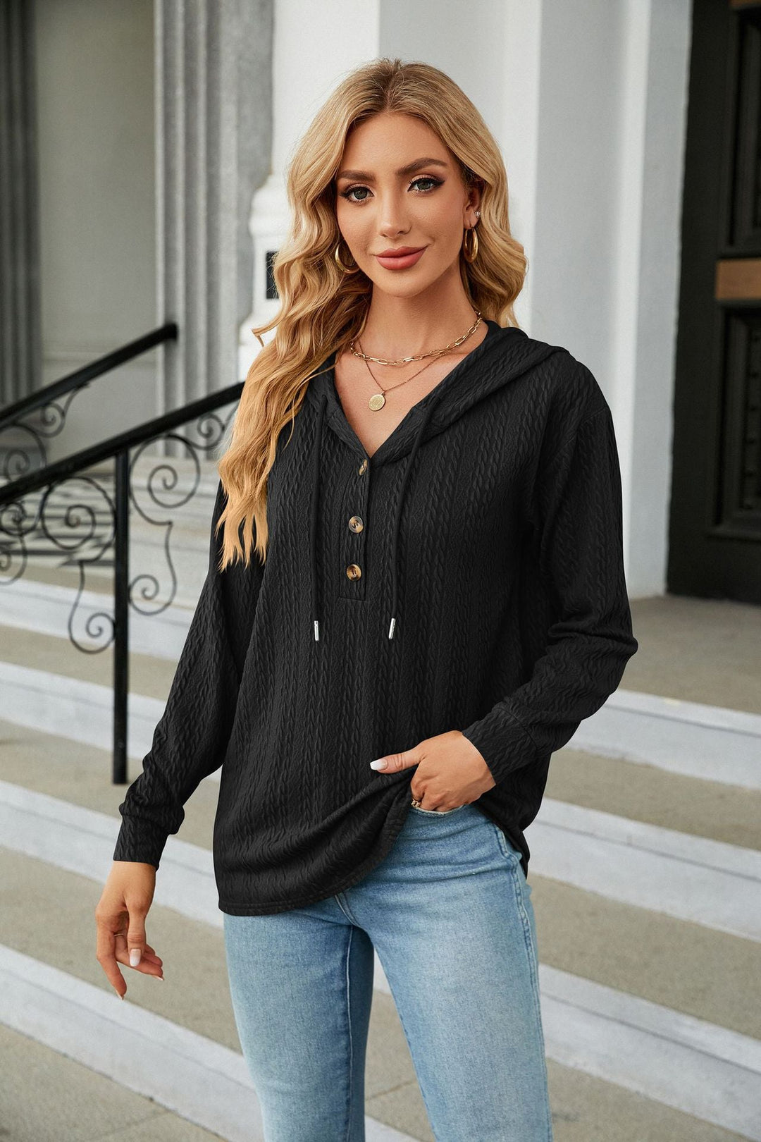 Cable-Knit Long Sleeve Hoodie