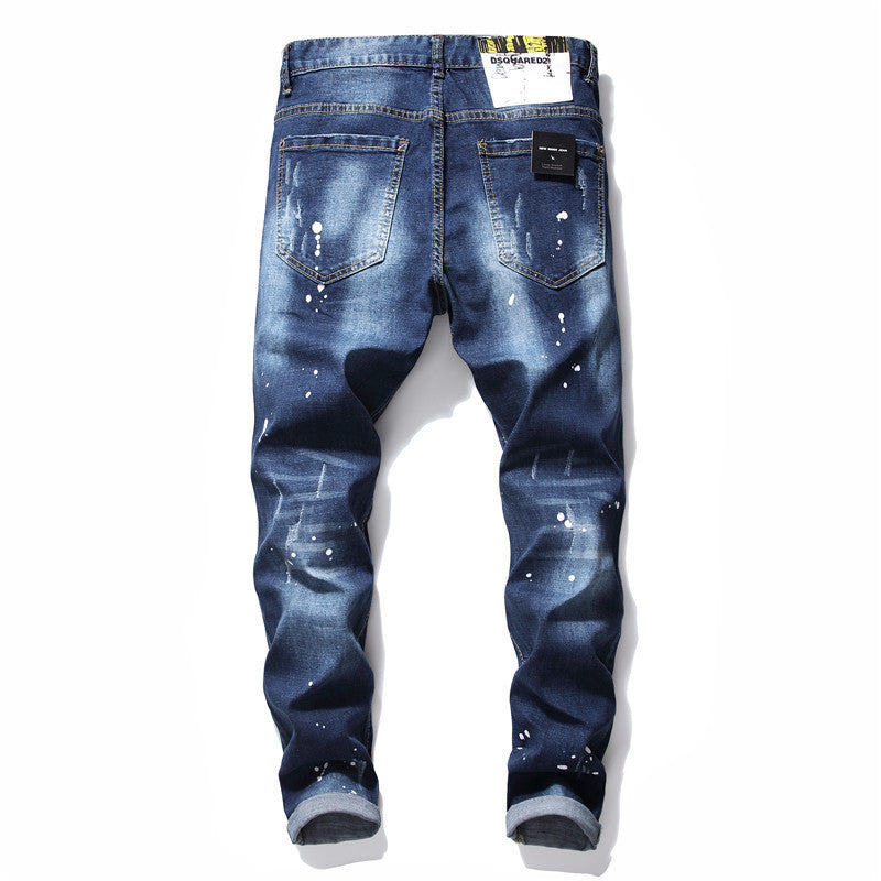 Men's Denim Zipper Blue Hole Pencil Pants