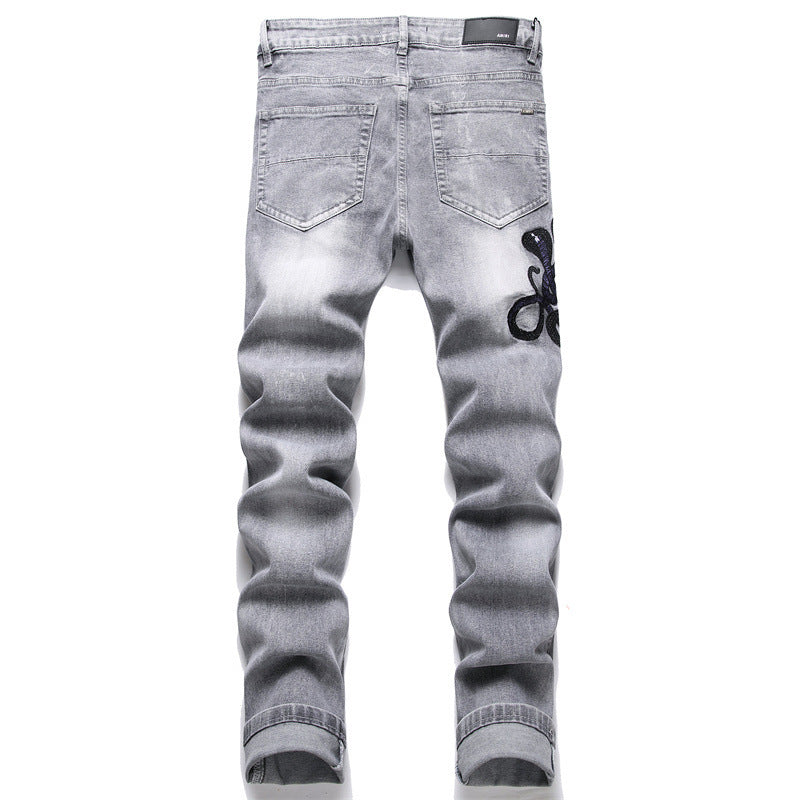 Men's Designer Fashion Gray Hole Patched Embroidery Cobra Stretch Pants