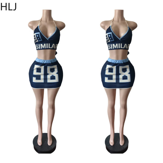 HLJ Blue Sexy Y2K Letter Printing Mini Skirts Two Piece Sets Women Halter V Neck Bangage Slim Crop Top And Skirts Outfits 2025