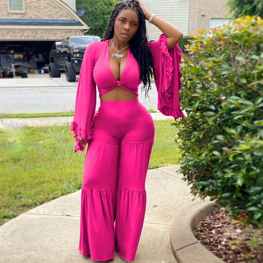 Casual Spring And Autumn For Women's Solid Color Long Sleeved Chest Wrap Top and Wide Leg Trousers Female Office 2 Piece Set