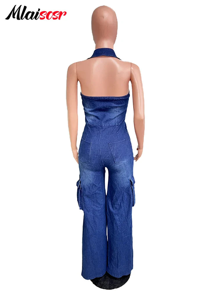 Mlaiscsr Women Clothing Blue Denim One Piece Jumpsuit Halter Backless Sleeveless Straight Jean Overalls Cargo Pants Rompers  New