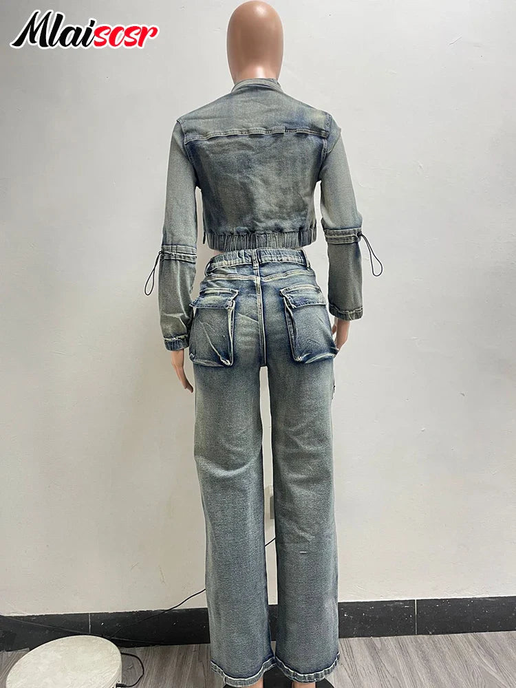 Mlaiscsr Vintage Stretch Denim 2 Piece Pants Sets Women Zip Slim Jackets and Pocket Cargo Jeans Outfit Streetwear Winter Suits