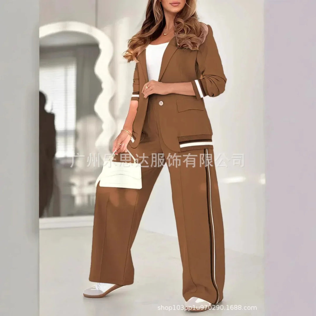 Women Suit Jacket 2 Piece Sets Striped Blazer Coat Turn Down Collar Single Breasted Wide Leg Pants Ensemble Office Lady Outfits