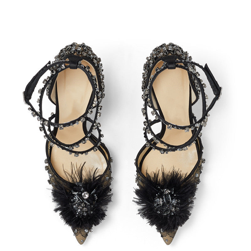 Nude Lace Rhinestone Floral Pumps Heels for Women