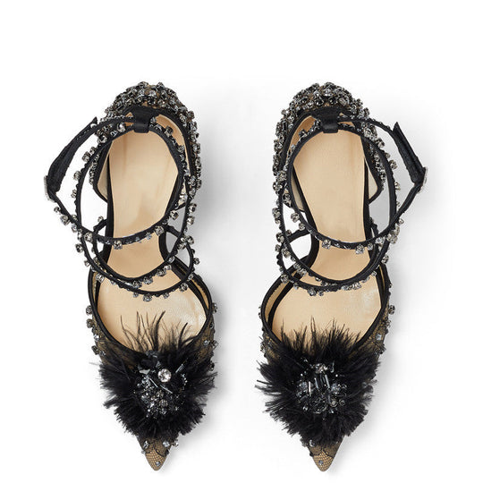 Nude Lace Rhinestone Floral Pumps Heels for Women