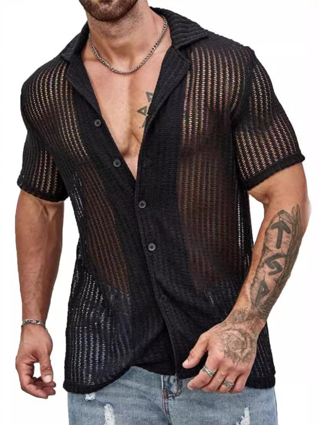 Men's Full Size Openwork Button Down Short Sleeve Shirt Plus Size