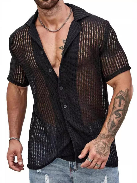 Men's Full Size Openwork Button Down Short Sleeve Shirt Plus Size