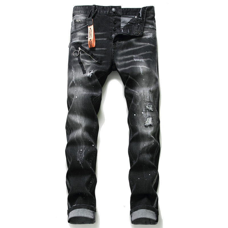 Men's Denim Zipper Blue Hole Pencil Pants