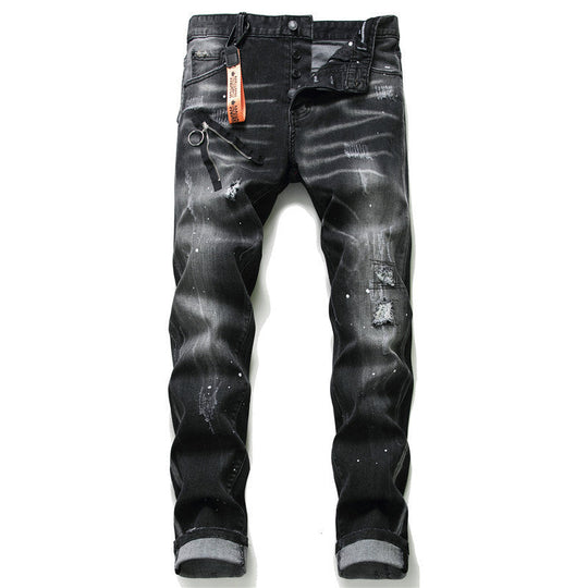 Men's Denim Zipper Blue Hole Pencil Pants