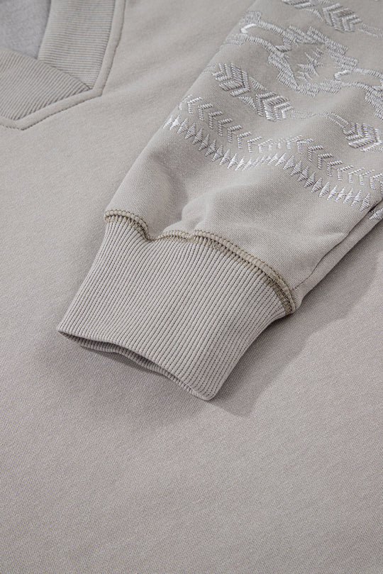 Western Aztec Embroidered Sleeve V-Neck Sweatshirt