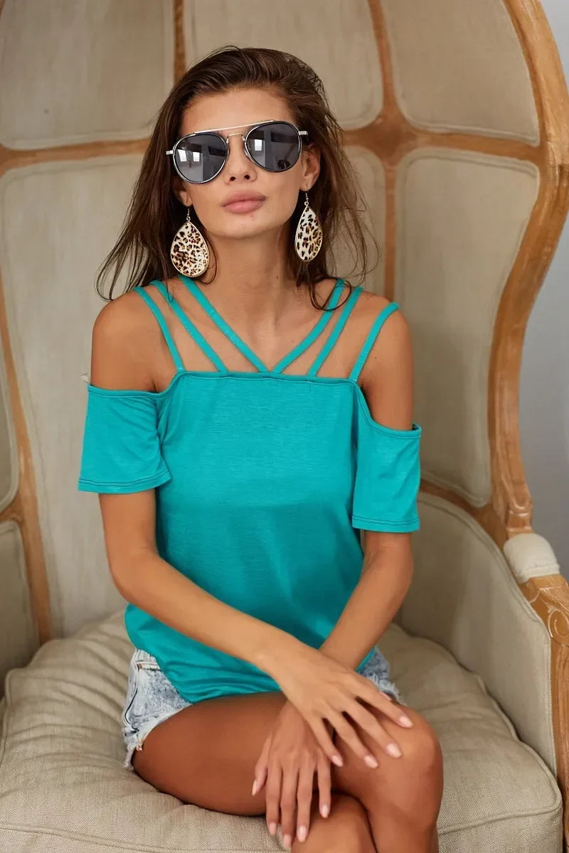 BiBi Rayon Span Jersey Lace Up Shoulder Detailed Top