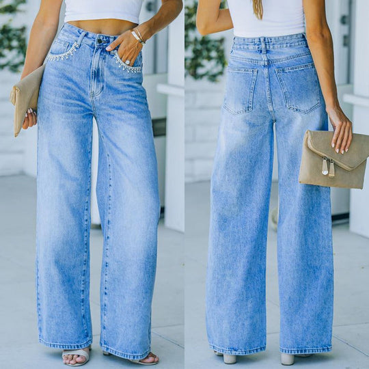 "Ava" Petal Pocket Wide-Leg Denim Jeans