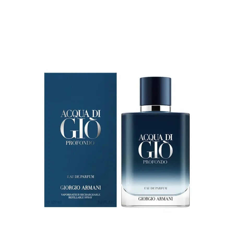 Acqua Di Gio Profondo By Giorgio Armani For Men 3.4oz EDP Spray in a sleek bottle with blue gradient packaging.