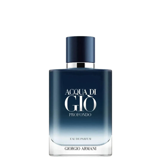 Acqua Di Gio Profondo By Giorgio Armani For Men 3.4oz EDP Spray in an elegant dark bottle with a trendy design.