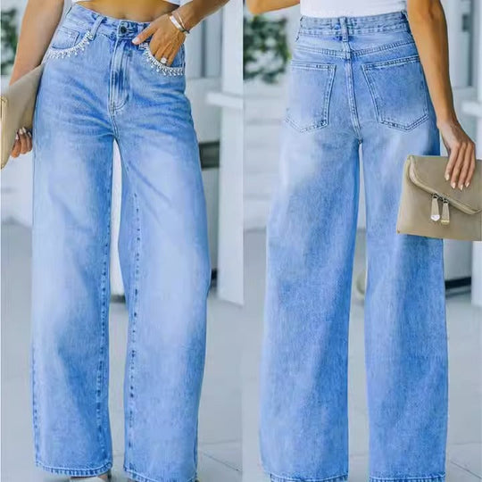 "Ava" Petal Pocket Wide-Leg Denim Jeans