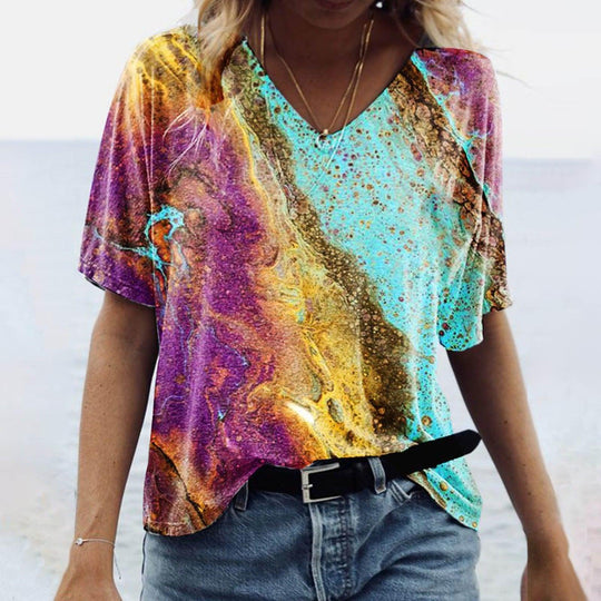 Women's Spring Glitzy V-Neck Short Sleeved Marble Print Top