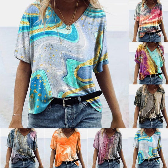 Women's Spring Glitzy V-Neck Short Sleeved Marble Print Top