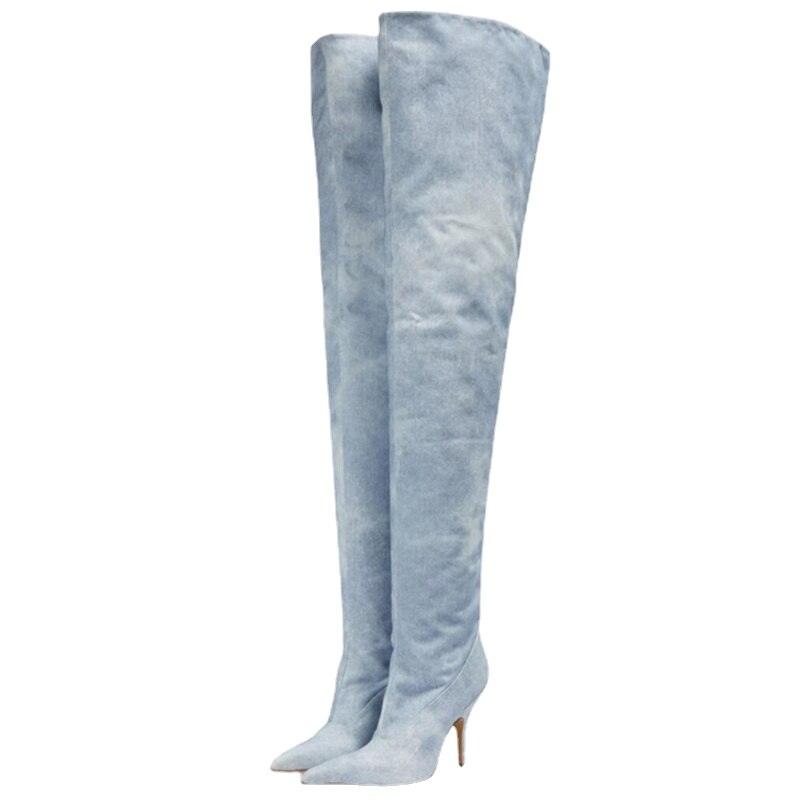 Women's Ultra-High Heel Denim Pointed Toe Catwalk Knee Boots
