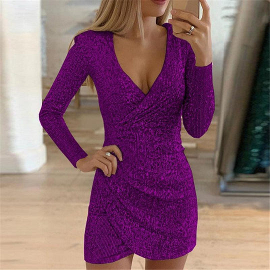 "Elegant V-Neck Sequin Mini Dress – Sexy Tight Fit Party Dress, Glamour for Women"