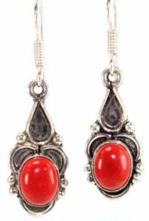 Red Coral Drop Earrings Silver Tone 1.5 Inch Dangle