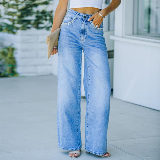 "Ava" Petal Pocket Wide-Leg Denim Jeans