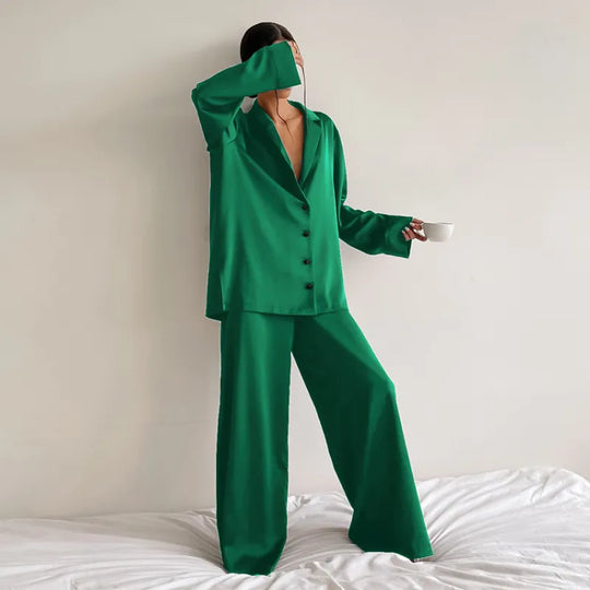 Women's Home Silk Pure Color Pajamas - # WOAA21710002-PRG