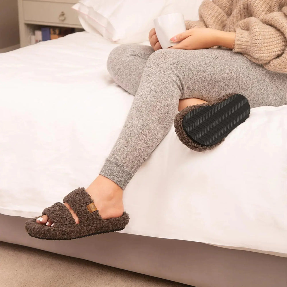 EverFoams Womens Fuzzy Open-toe Slippers | Soft Comfy Memory Foam Indoor House Shoes