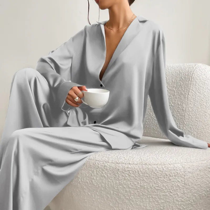 Women's Home Silk Pure Color Pajamas - # WOAA21710002-PRG