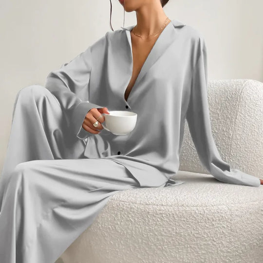 Women's Home Silk Pure Color Pajamas - # WOAA21710002-PRG
