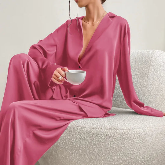 Women's Home Silk Pure Color Pajamas - # WOAA21710002-PRG