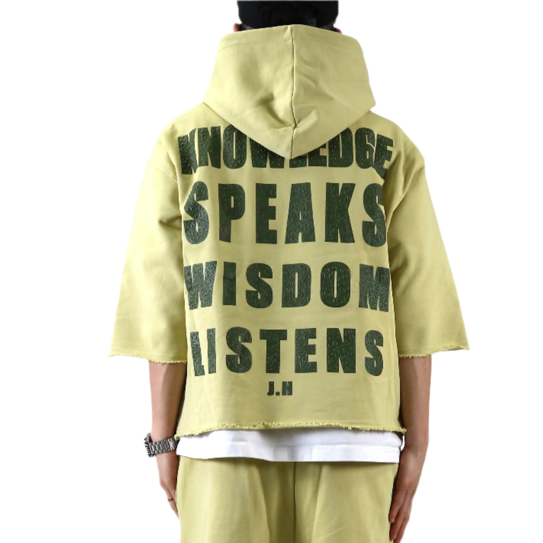 BRITON French Terry 3/4 Sleeve Crop Top Pullover Hoodie