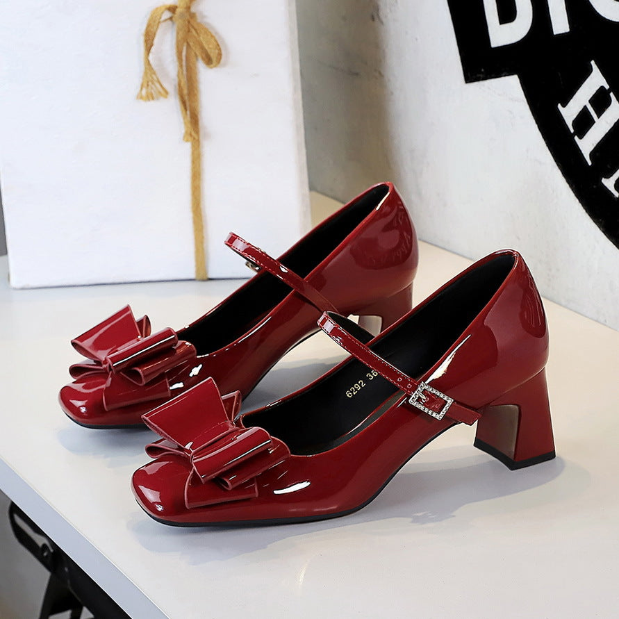 French Cocktail Bow Patent Leather Chunky Heel Mary Jane Women Shoes Square Head with Shallow Mouth Pumps Women