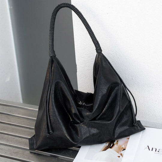 Genuine leather cowhide large hobo bag, real leather commuter women's bag, fashionable pleated shoulder bag, hobo bag for women