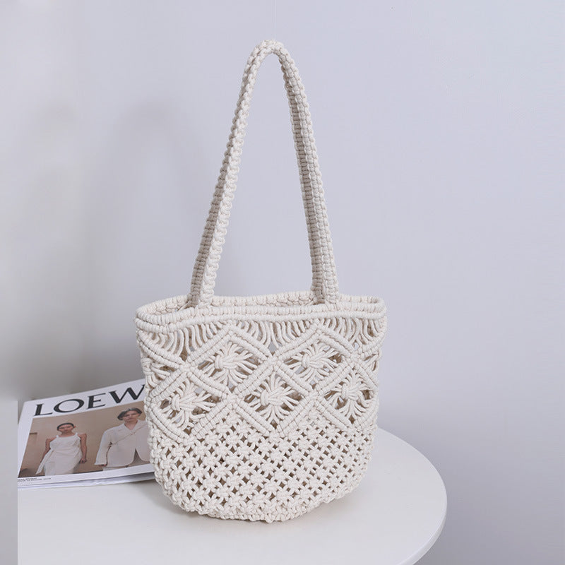 Artistic Simple Cotton Thread Shoulder Woven Bag Summer Niche Hollow Out Cutout Straw Bag Portable Women Bag Vacation Beach Bag