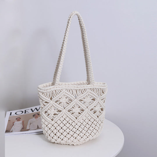Artistic Simple Cotton Thread Shoulder Woven Bag Summer Niche Hollow Out Cutout Straw Bag Portable Women Bag Vacation Beach Bag