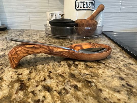 Olive Wood Spoon Rest Handmade Mediterranean Kitchen Countertop Utensil Holder