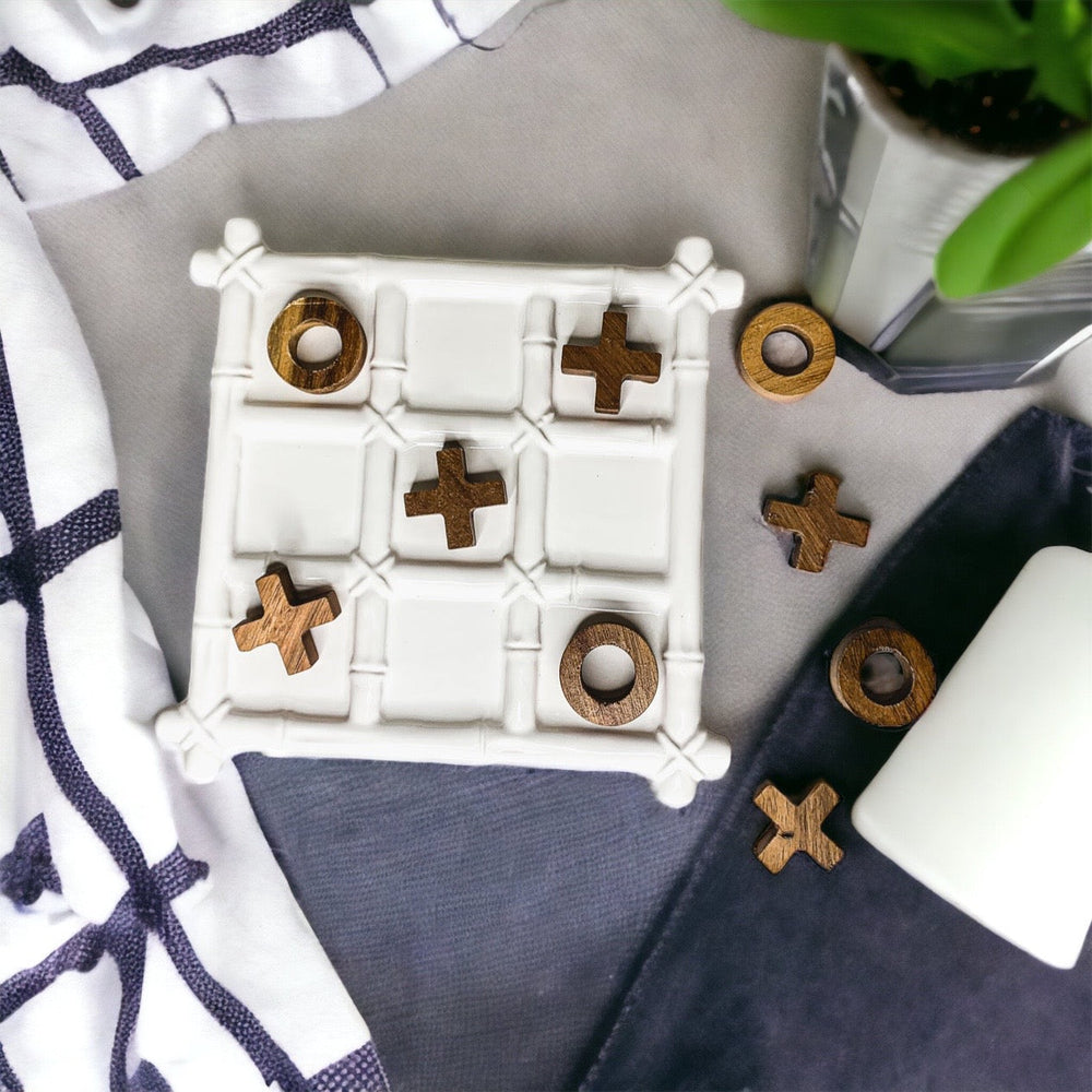 Ceramic Tic Tac Toe Game Faux Bamboo Board With Acacia Wood Pieces, Decor