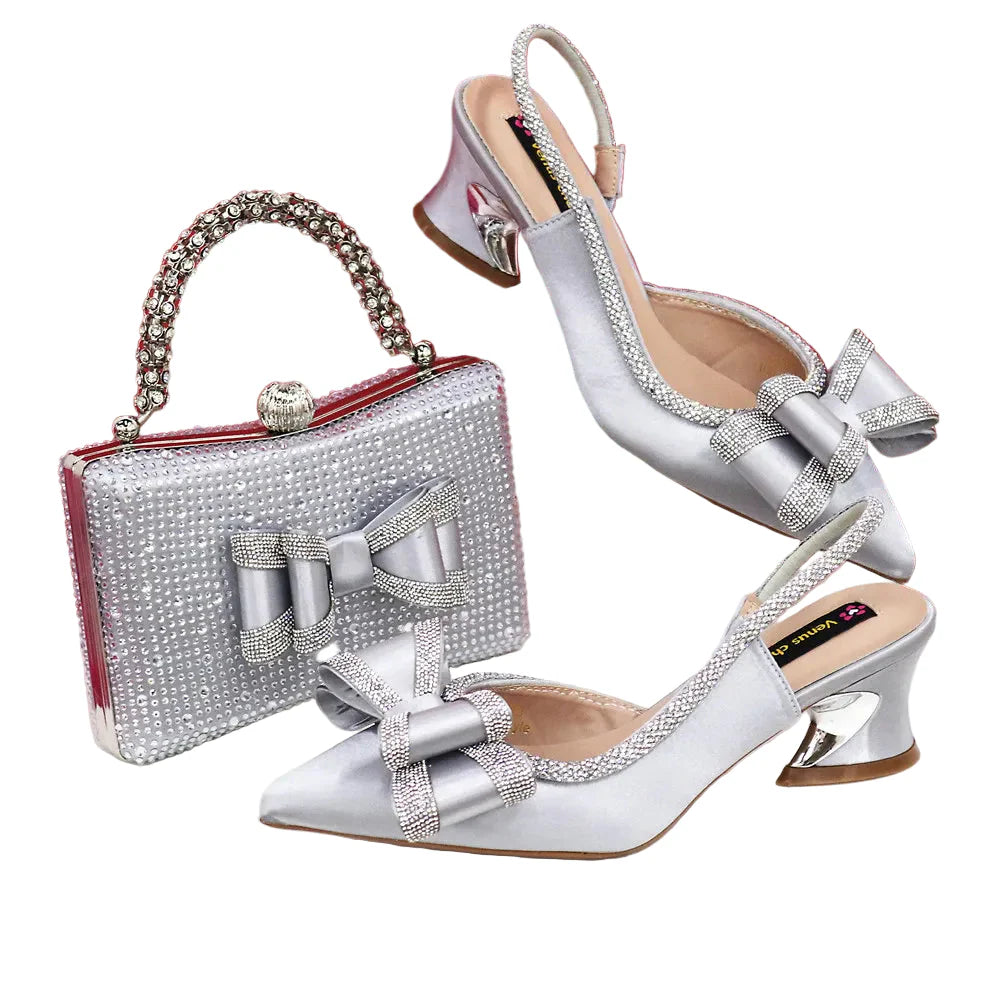 Med Heel Shoes for Women Italian Design Shoes and Bag Set