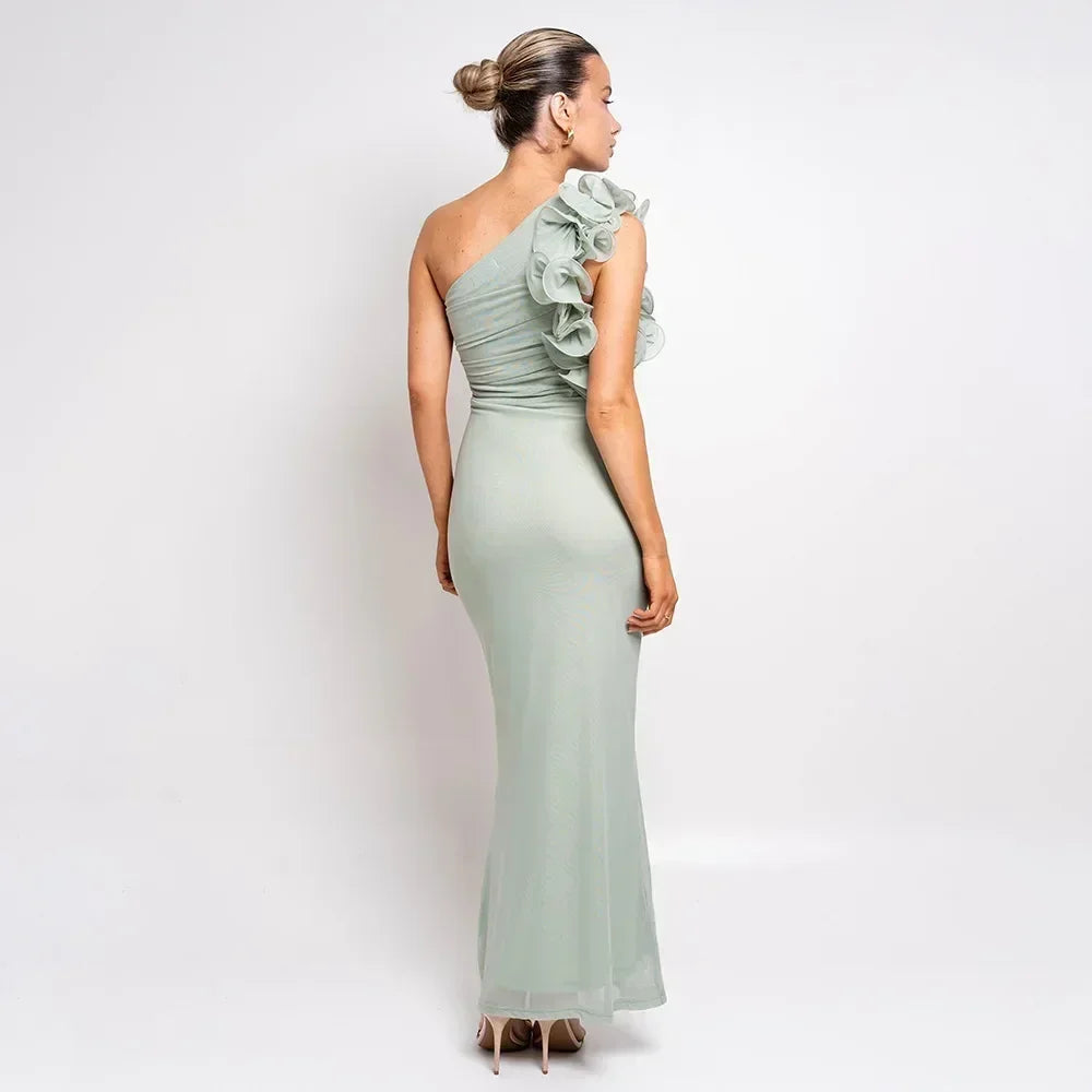 Articat Elegant Sleeveless Slant Shoulder Flower Dress Women Spring/Summer 2025 Sexy Mesh Wrap Hip Dress Party Evening Dress