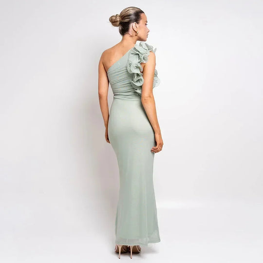 Articat Elegant Sleeveless Slant Shoulder Flower Dress Women Spring/Summer 2025 Sexy Mesh Wrap Hip Dress Party Evening Dress