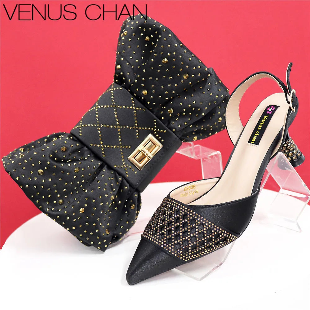 Latest Women Italian Shoes and Matching Bags Decorated with Rhinestone