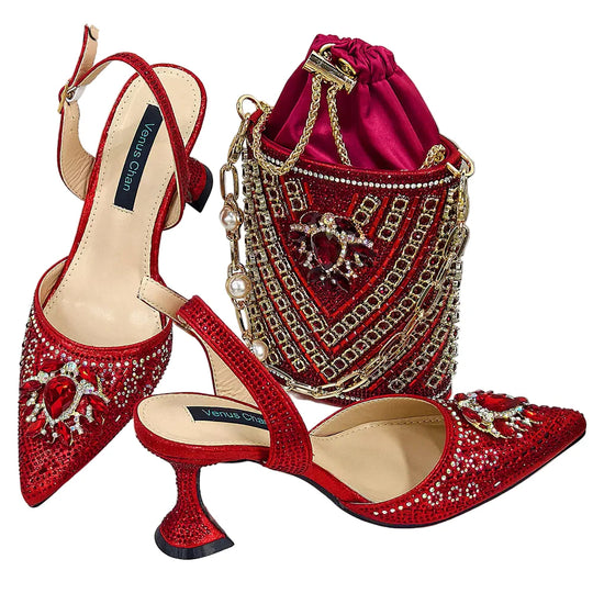 Women Shoes and Bag Set With Rhinestone Handbag