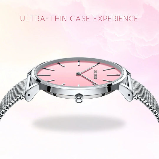 Women's Pink Dial Mesh Band Slim Stainless Steel Watch