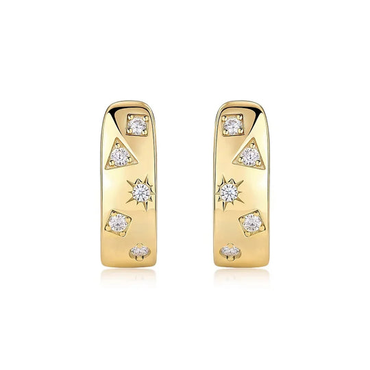 18K Gold Plated 925 Silver Hoop Earrings With Star Triangle Moissanite Accents